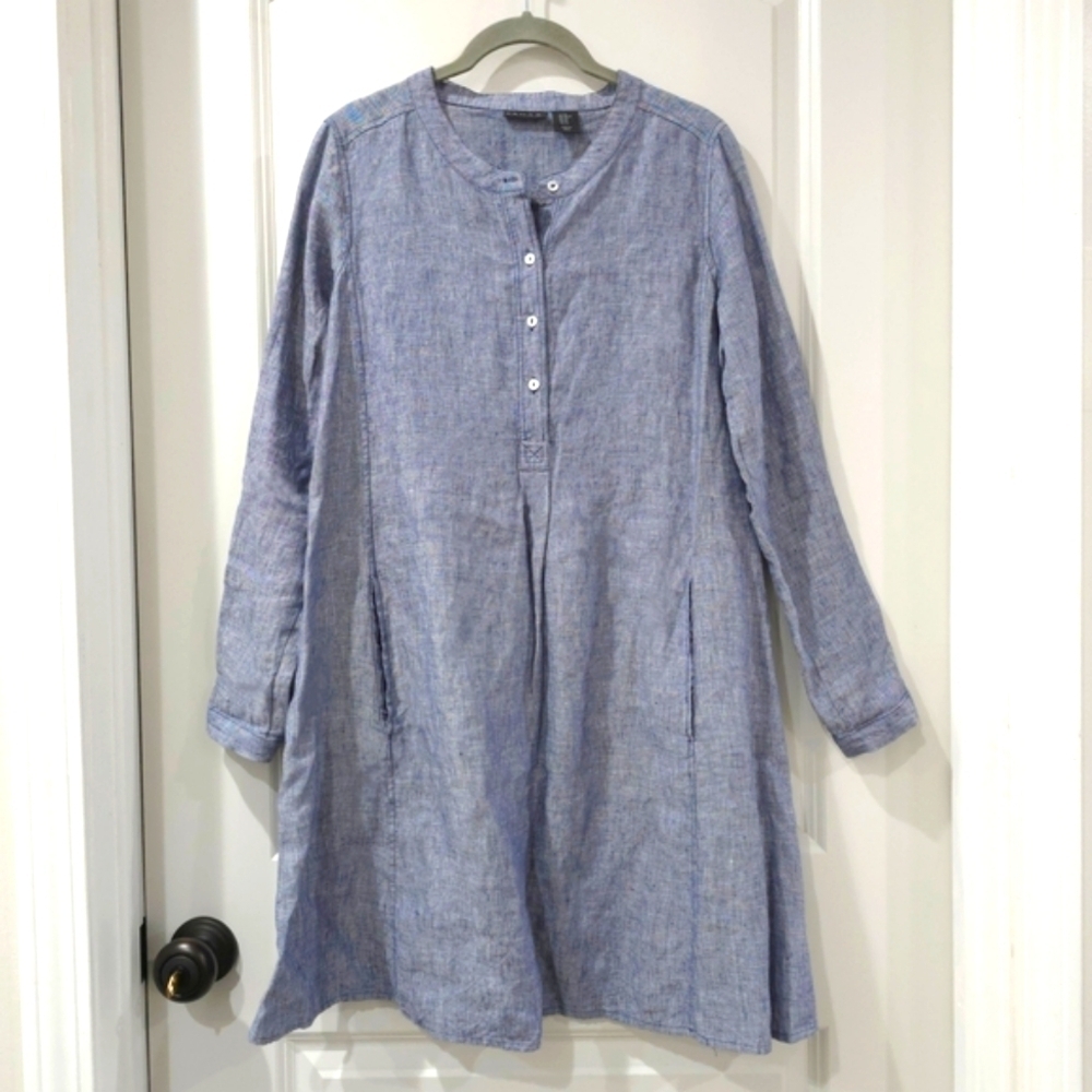 TAHARI 100 LINEN Blue Linen Tunic Dress, Henley 4 Button Placket, Pockets, XS - Picture 3 of 16